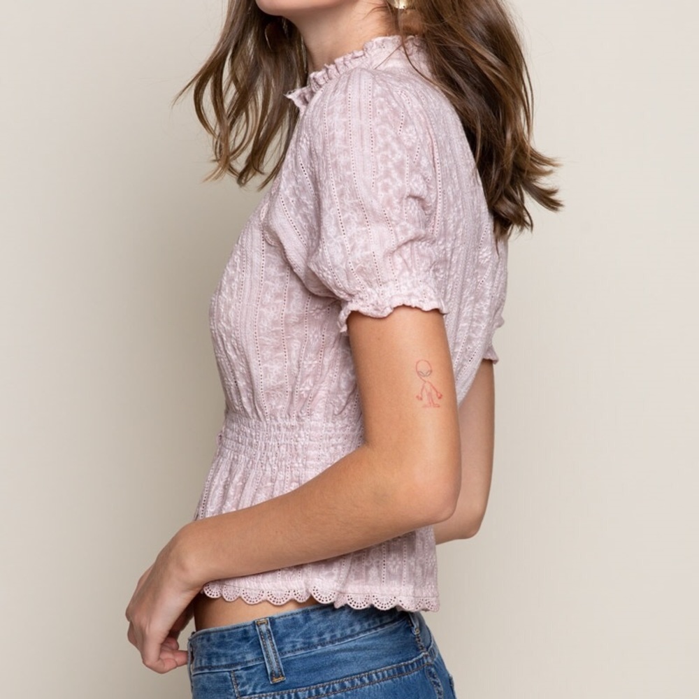 POL VICTORIAN PEPLUM BLUSH RUFFLE HEM LACE TOP - Picture 6 of 8